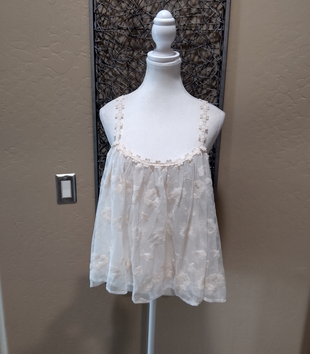 Moda International Sheer 2 layer Net Embroidered Top with Crochet Flower Straps